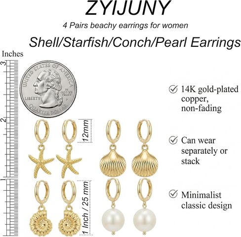 4 Pairs Huggie Hoop Beachy Earrings Set for Women, 14K Gold Plated Ocean Elements Hoop Dangle Drop Earring - Shell/Starfish/Conch/Pearl Earrings- Trendy Summer Beach Jewelry Gift in Saudi Arabia