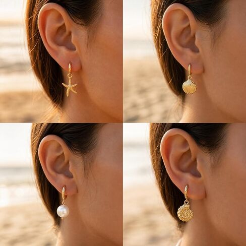 4 Pairs Huggie Hoop Beachy Earrings Set for Women, 14K Gold Plated Ocean Elements Hoop Dangle Drop Earring - Shell/Starfish/Conch/Pearl Earrings- Trendy Summer Beach Jewelry Gift in Saudi Arabia