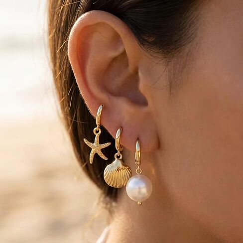 4 Pairs Huggie Hoop Beachy Earrings Set for Women, 14K Gold Plated Ocean Elements Hoop Dangle Drop Earring - Shell/Starfish/Conch/Pearl Earrings- Trendy Summer Beach Jewelry Gift in Saudi Arabia