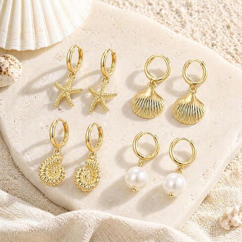 4 Pairs Huggie Hoop Beachy Earrings Set for Women, 14K Gold Plated Ocean Elements Hoop Dangle Drop Earring - Shell/Starfish/Conch/Pearl Earrings- Trendy Summer Beach Jewelry Gift in Saudi Arabia