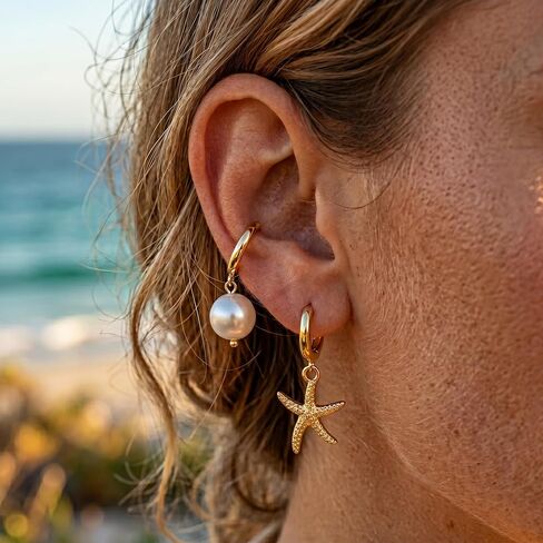 4 Pairs Huggie Hoop Beachy Earrings Set for Women, 14K Gold Plated Ocean Elements Hoop Dangle Drop Earring - Shell/Starfish/Conch/Pearl Earrings- Trendy Summer Beach Jewelry Gift in Saudi Arabia