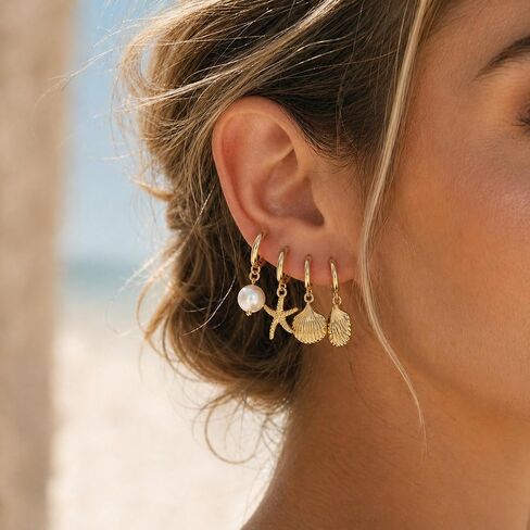 4 Pairs Huggie Hoop Beachy Earrings Set for Women, 14K Gold Plated Ocean Elements Hoop Dangle Drop Earring - Shell/Starfish/Conch/Pearl Earrings- Trendy Summer Beach Jewelry Gift in Saudi Arabia