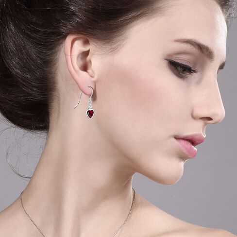 Gem Stone King 14K White Gold Red Created Ruby French Wire Dangle Hook Earrings For Women (2.14 Cttw, Gemstone July Birthstone, Heart 6MM, Round 3MM) in Saudi Arabia