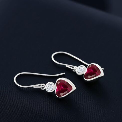Gem Stone King 14K White Gold Red Created Ruby French Wire Dangle Hook Earrings For Women (2.14 Cttw, Gemstone July Birthstone, Heart 6MM, Round 3MM) in Saudi Arabia