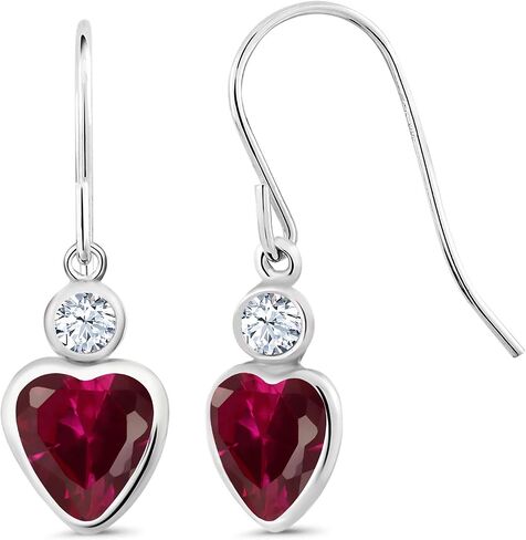 Gem Stone King 14K White Gold Red Created Ruby French Wire Dangle Hook Earrings For Women (2.14 Cttw, Gemstone July Birthstone, Heart 6MM, Round 3MM) in Saudi Arabia