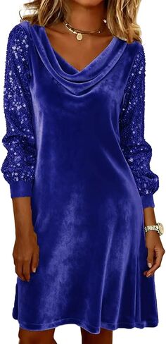 FONMA Velvet Dress for Women's Velvet Dresses Cowl Neck Long Sleeve Party Cocktail Holiday Christmas Mini Dresses 2025 in Saudi Arabia