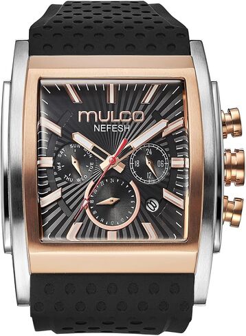 ساعات MULCO مربعة كريبتون - هيكل من الفولاذ المقاوم للصدأ مقاس 46 مم، أسود مع سوار معصم من السيليكون، حركة كوارتز متعددة الوظائف للنهار والتاريخ، شاشة عرض تناظرية كبيرة للوجه - لمسات ذهبية وردية، 100 متر - مقاومة للماء in Kuwait