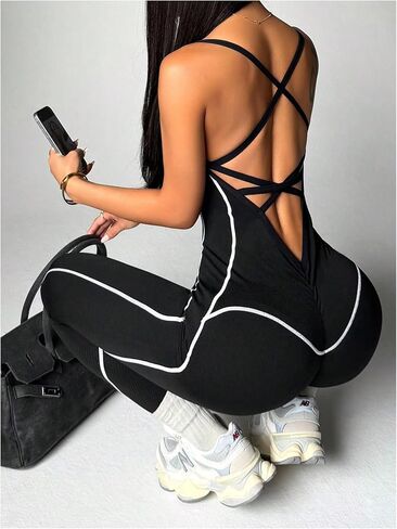 WDIRARA Women's Workout Jumpsuits Sleeveless Criss Cross Backless Fitness Yoga Pants Romper in Kuwait