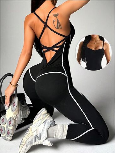 WDIRARA Women's Workout Jumpsuits Sleeveless Criss Cross Backless Fitness Yoga Pants Romper in Kuwait