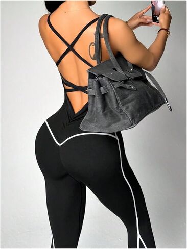 WDIRARA Women's Workout Jumpsuits Sleeveless Criss Cross Backless Fitness Yoga Pants Romper in Kuwait
