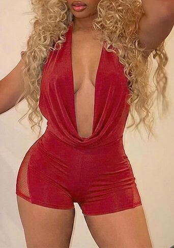Womens One Piece Halter Shorts Romper Sexy Lace Backless Cowl Neck Jumpsuits Going Out Clubwear in Saudi Arabia