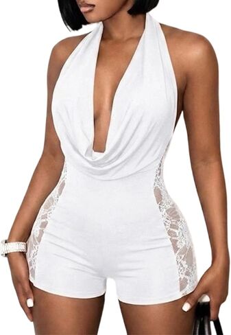 Womens One Piece Halter Shorts Romper Sexy Lace Backless Cowl Neck Jumpsuits Going Out Clubwear in Saudi Arabia
