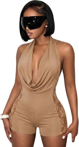 Womens One Piece Halter Shorts Romper Sexy Lace Backless Cowl Neck Jumpsuits Going Out Clubwear in Saudi Arabia