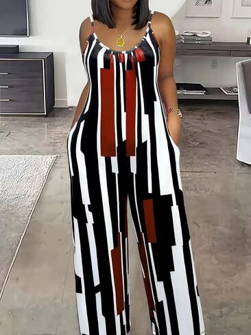 Women's U-Neck Spaghetti Strap Wide Leg Jumpsuit Casual Geometric Color Block Romper Loose Long Pant Jumpsuit with Pockets in Saudi Arabia