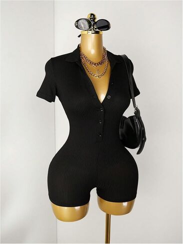 Milumia Women's Button Up Boydcon Romper Ribbed Collared Short Sleeve Jumpsuit Shorts in Kuwait