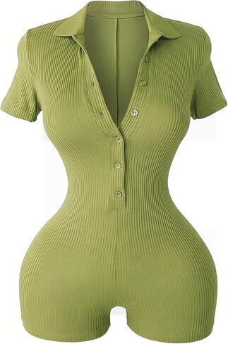 Milumia Women's Button Up Boydcon Romper Ribbed Collared Short Sleeve Jumpsuit Shorts in Kuwait