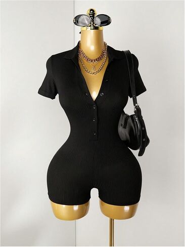 Milumia Women's Button Up Boydcon Romper Ribbed Collared Short Sleeve Jumpsuit Shorts in Kuwait