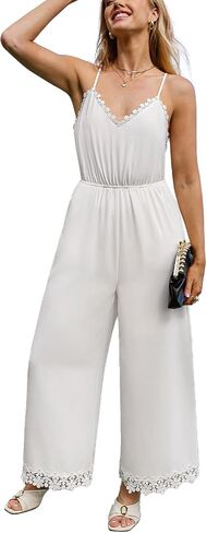 CUPSHE Women's Jumpsuits, V Neck Sleeveless Lace Trim Straight Leg Casual One Piece with Pockets Summer Outfits in Saudi Arabia
