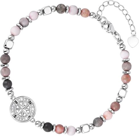 Silver Compass Beaded Bracelet for Women - Natural Stone Dainty Link Bracelet with Cubic Zirconia Compass Charm Womens Adjustable Stackable Bracelets Trendy Jewelry Gift Her Travel Going-Away Graduation in Saudi Arabia