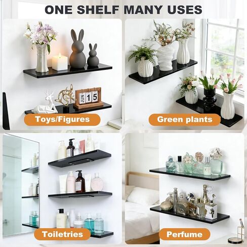 Floating Shelves for Wall Set of 2,12 in Wide Ehelf Narrow Floating for Decor Storage,Wall Mounted Acrylic Shelf,for Living Room, Bedroom, Bathroom and Kitchen(Black) in Kuwait
