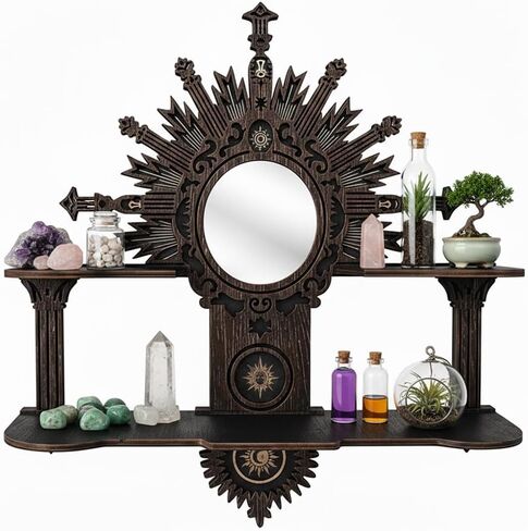 Witchy Trinket Shelf with Mirror, Gothic Wooden Floating Shelves for Essential Oils & Boho Altar Decor, Crystal Display Shelf for Home Bedroom Living Room, Unique Gifts for Women in Saudi Arabia