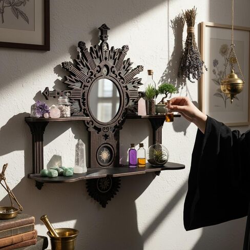 Witchy Trinket Shelf with Mirror, Gothic Wooden Floating Shelves for Essential Oils & Boho Altar Decor, Crystal Display Shelf for Home Bedroom Living Room, Unique Gifts for Women in Saudi Arabia