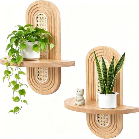 2 Pack Boho Shelves Wall Decor – Natural Rattan Solid Wood Floating Shelf, Rainbow Arch 2 Tier Trinket Plant Storage Rack, Modern Wall Art for Bedroom Nursery Bathroom Office (Natural) in Saudi Arabia