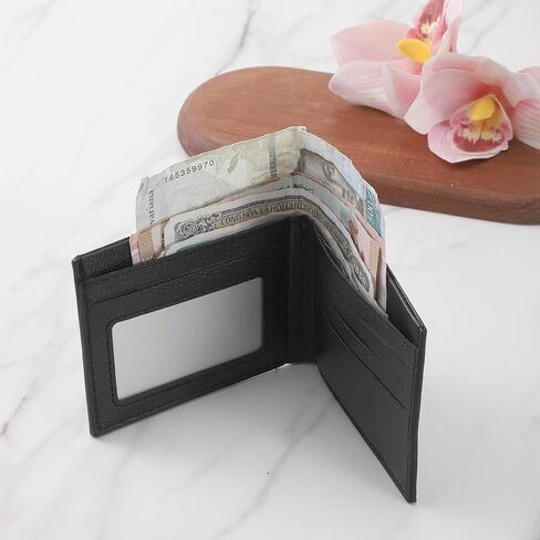 Ultra Soft Synthetic Leather Men's Wallet, Minimalist Bifold Bussiness Card Holder Man Slim Wallets Mens Front Pocket Wallet with Id Window Easy to Carry for Personal Use and Gift Giving (Black) in Kuwait