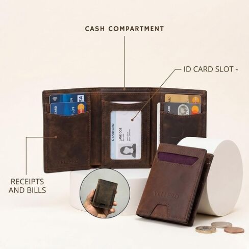 محفظة RFID للرجال من الجلد الطبيعي، محفظة رفيعة ثلاثية الطي مع حامل بطاقات من الألومنيوم، محفظة جيب أمامية تحمل 8-13 بطاقة، نافذة لبطاقة الهوية وفتحة للنقود، محفظة بسيطة in Kuwait