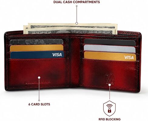 محفظة جلدية أصلية من Rustic Roots للرجال مزودة بتقنية حجب RFID، محفظة ثنائية الطي منسوجة يدويًا مع 6 فتحات للبطاقات وحجيرات مزدوجة للنقود، محفظة جلدية كستنائية نحيفة، هدية له in Kuwait
