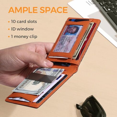Slim Money Clip Wallet for Men, RFID Blocking Leather Bifold Front Pocket Wallet, Thin Mens Wallet with Card Holder, Minimalist Black Wallet Gift for Him（Orange） in Saudi Arabia