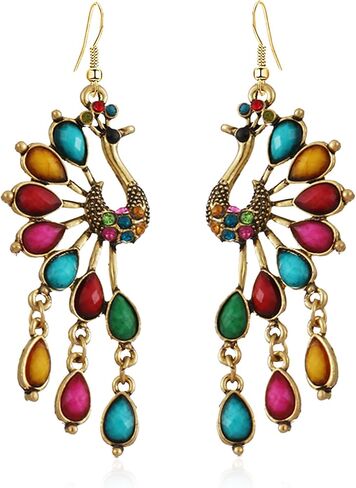 Vintage Bohemian Peacock Teardrop Tassel Dangle Drop Earrings for Women Sparkling Crystal Phoenix Bird Statement Earrings Jewelry in Kuwait