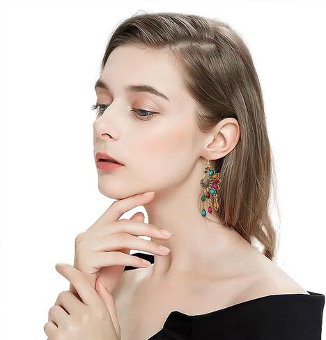 Vintage Bohemian Peacock Teardrop Tassel Dangle Drop Earrings for Women Sparkling Crystal Phoenix Bird Statement Earrings Jewelry in Kuwait