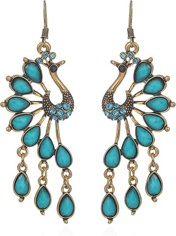 Vintage Bohemian Peacock Teardrop Tassel Dangle Drop Earrings for Women Sparkling Crystal Phoenix Bird Statement Earrings Jewelry in Kuwait