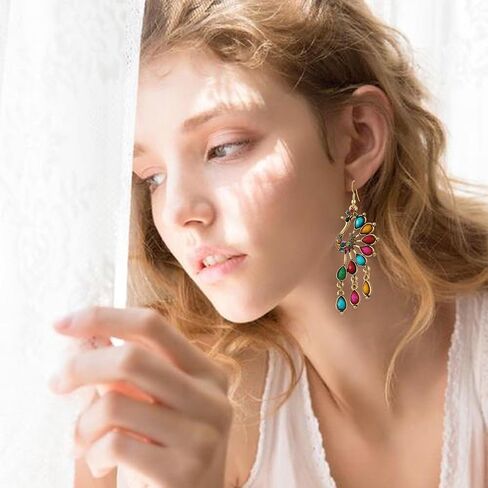 Vintage Bohemian Peacock Teardrop Tassel Dangle Drop Earrings for Women Sparkling Crystal Phoenix Bird Statement Earrings Jewelry in Kuwait