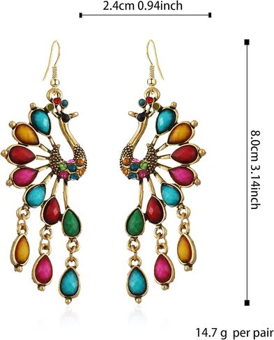 Vintage Bohemian Peacock Teardrop Tassel Dangle Drop Earrings for Women Sparkling Crystal Phoenix Bird Statement Earrings Jewelry in Kuwait