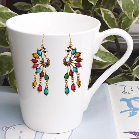 Vintage Bohemian Peacock Teardrop Tassel Dangle Drop Earrings for Women Sparkling Crystal Phoenix Bird Statement Earrings Jewelry in Kuwait