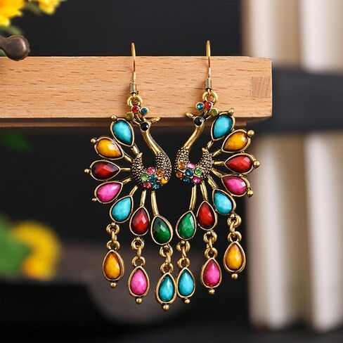 Vintage Bohemian Peacock Teardrop Tassel Dangle Drop Earrings for Women Sparkling Crystal Phoenix Bird Statement Earrings Jewelry in Kuwait