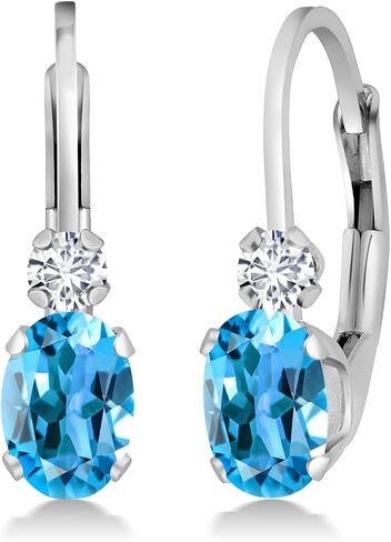 Gem Stone King 14K White Gold Swiss Blue Topaz and White Diamond Leverback Earrings For Women | 1.07 Cttw | Gemstone November Birthstone | Oval 6X4MM, Round 2MM | 3/4 Inch in Saudi Arabia