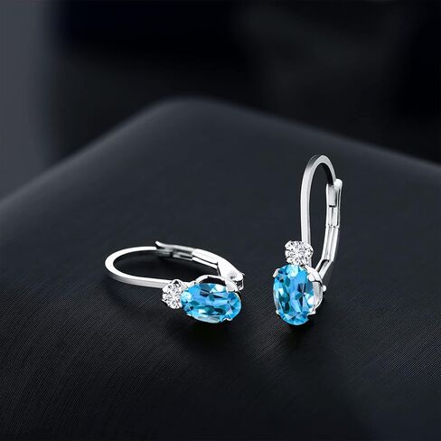 Gem Stone King 14K White Gold Swiss Blue Topaz and White Diamond Leverback Earrings For Women | 1.07 Cttw | Gemstone November Birthstone | Oval 6X4MM, Round 2MM | 3/4 Inch in Saudi Arabia