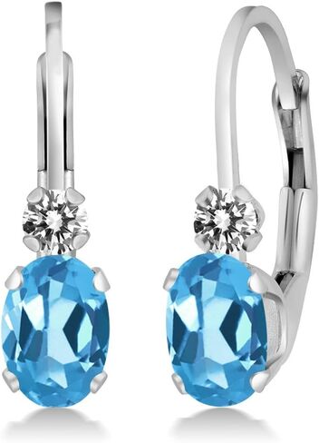Gem Stone King 14K White Gold Swiss Blue Topaz and White Diamond Leverback Earrings For Women | 1.07 Cttw | Gemstone November Birthstone | Oval 6X4MM, Round 2MM | 3/4 Inch in Saudi Arabia