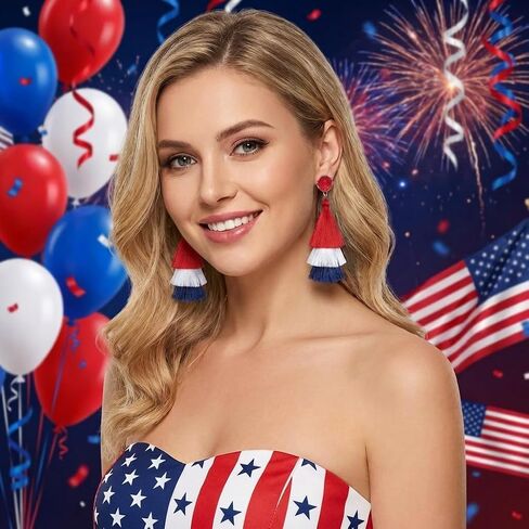 4th of July Earrings for Women American Flag Patriotic Theme Red White and Blue Layered Tassel Earrings USA Jewelry Gifts in Saudi Arabia