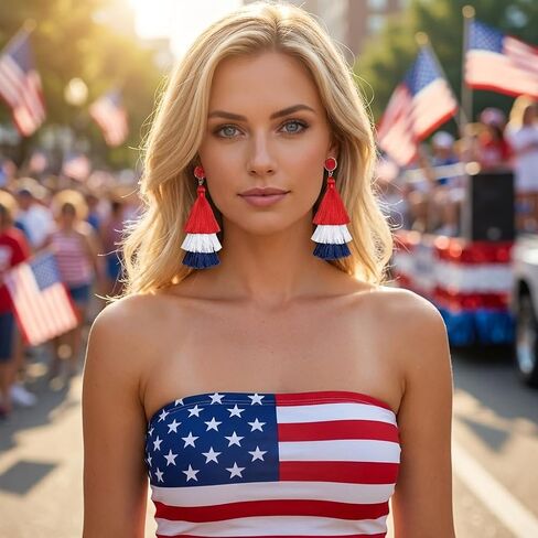 4th of July Earrings for Women American Flag Patriotic Theme Red White and Blue Layered Tassel Earrings USA Jewelry Gifts in Saudi Arabia