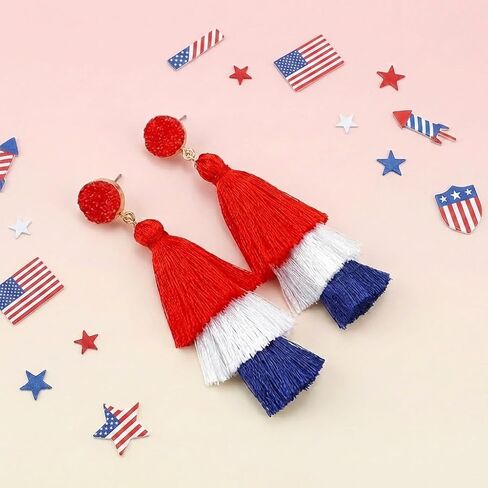 4th of July Earrings for Women American Flag Patriotic Theme Red White and Blue Layered Tassel Earrings USA Jewelry Gifts in Saudi Arabia