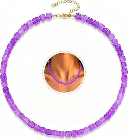 GLITTO Colorful Natural Stone Beaded Necklace for Women, Boho Cube Gemstone Choker Necklace, Handmade Square Bead Summer Beach Vacation Jewelry Gift in Saudi Arabia