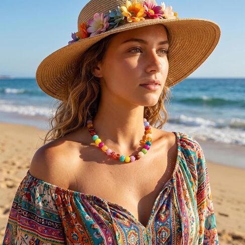 Chunky Beaded Necklaces for Women – Colorful Statement Collar Necklace, Gold Beach Necklace Summer Gift for Her in Kuwait