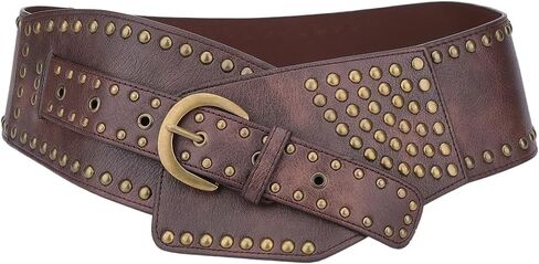 Black Wide PU Leather Western Waist Belt Boho Vintage Punk Chunky Antique Bronze Alloy Rivets Conchos Waistband in Kuwait