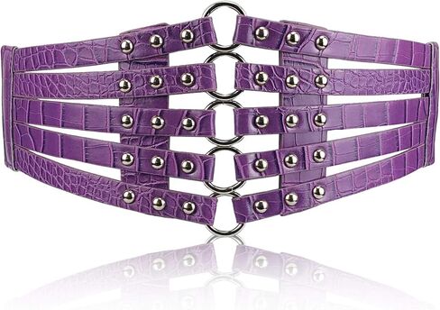 Fashion Women's PU Leather Wide Waist Belt Hollow Out Rivets Stretch Cinch Waistband Purple in Kuwait