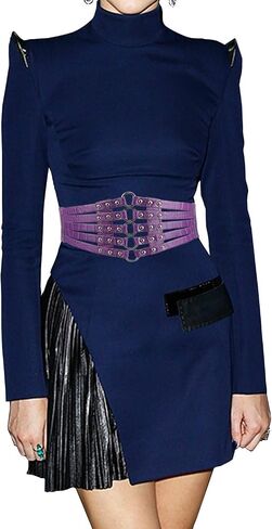 Fashion Women's PU Leather Wide Waist Belt Hollow Out Rivets Stretch Cinch Waistband Purple in Kuwait