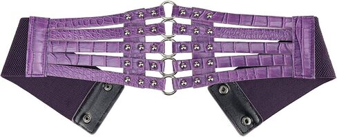 Fashion Women's PU Leather Wide Waist Belt Hollow Out Rivets Stretch Cinch Waistband Purple in Kuwait